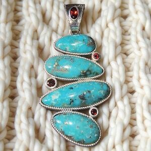 Genuine Turquoise , Mozambique Garnet & Sterling Silver Large Statement Pendant